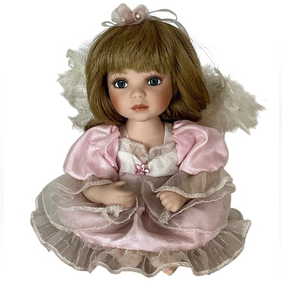 Geppeddo Vintage Porcelain Angel Doll Detachable Wings Pink Satin Dress 8” - Picture 9 of 16